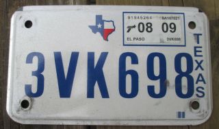 Texas Motorcycle License Plate - Expired 08/2009 - El Paso County - 3vk698