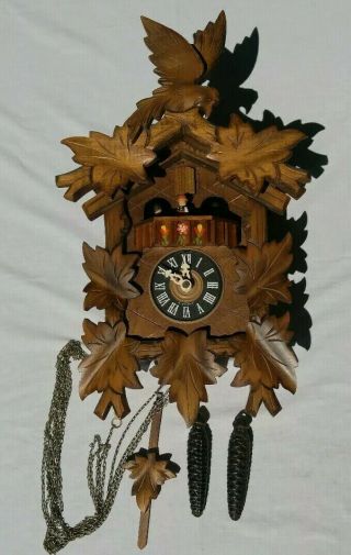 Vintage Cuckoo Clock West Germany Bird & Leaves Black Forest Wood 2 Weights