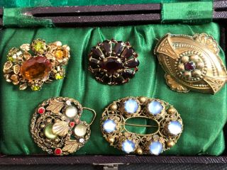5 X Vintage Czech Filigree Brooch / Buckle / Paste / Pinchbeck Brooches / Pins