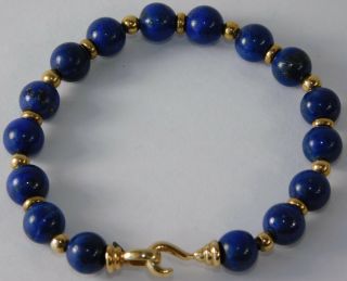 Vtg Chinese Blue Lapis 14k Gold Bead Clasp Bendable Bracelet 15 Grams