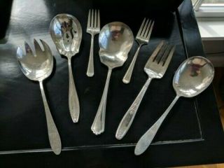7 Piece Assorted Vintage Silver Plate Serving Piece Spoons,  Forks,  Slotted Spoon