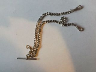 A Vintage Silver Double Albert Watch Chain - T Bar And Clips