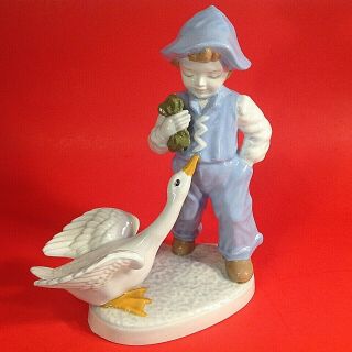 Vintage Holland Mold Figurine.  Boy With One Goose.  8 3/4 " H.  Blue And White