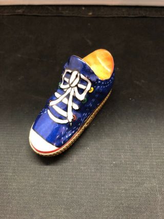 Vintage Limoges France Hand Painted Rochard Blue Tennis Shoe Trinket Box