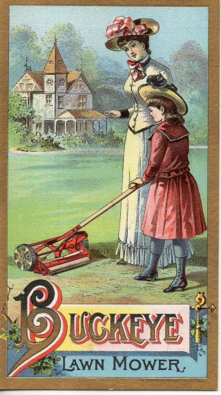 64074 Vintage Victorian Trade Card Buckeye Lawn Mower Mother & Daughter Mansion