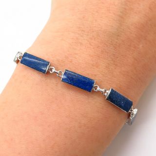 950 Silver Vintage Real Lapis Lazuli Gem Tennis Link Bracelet 7 1/4 "