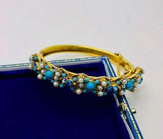Vintage Jewellery Signed Florenza Turquoise/pearl/crystal Bangle