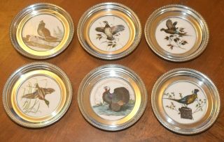 Whiting Sterling Silver & Hand Painted China Game Bird Coasters Set Of 6
