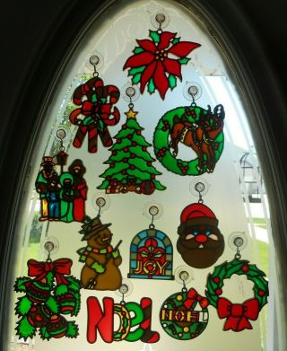 12 Vintage Christmas Stained Glass Suncatcher Window Santa Tree Noel Wreath