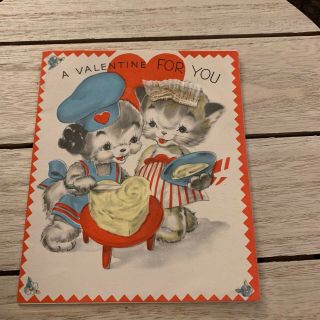 Vintage Greeting Card Valentine Rust Craft Cat Kitten Chef Baking