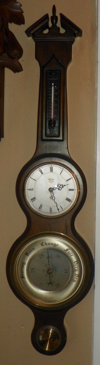 Barometer With Clock And Thermometer.  Dark Walnut - Colored Wood.  C.  1920 - 1930