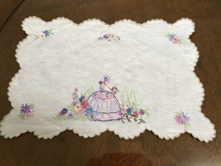Vintage Linen Hand Embroidered Tray Cloth Crinoline Lady Flowers 47x32cm