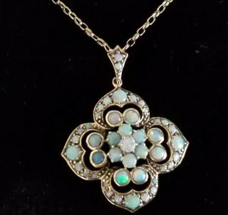 Large Antique Victorian 9ct Gold Necklace Pendant And Chain With Opals