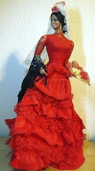 Vintage Marin Chiclana Espana Flamenco Doll In Red Layered Gown 15 "