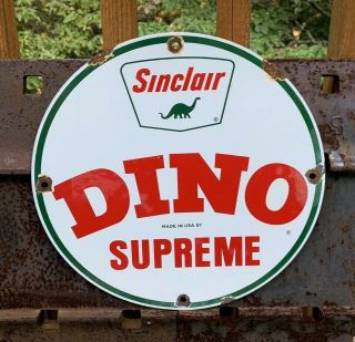 Vintage Sinclair Dino Supreme Porcelain Enamel Dealer Gas Oil Pump Plate Sign
