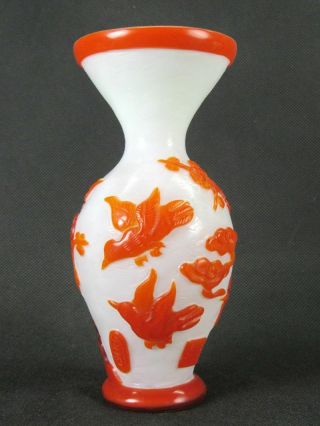 Chinese Plum Blossom Birds Carved Peking Overlay Glass Vase