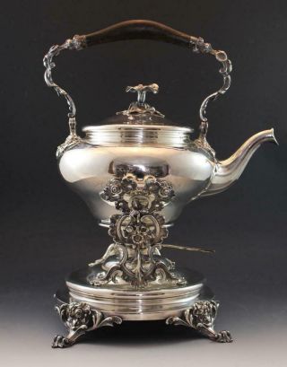 19c Christofle Silver Plate Hot Water Tea Kettle On Stand Morning Glory Finial