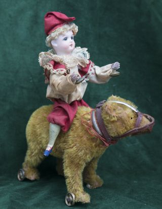 Antique German Pull Toy Bisque Clown Doll With A Wheeled Bear