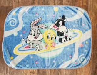 Vtg Baby Looney Tunes Bugs Bunny Sylvester Tweety Baby Blanket Throw Outer Space