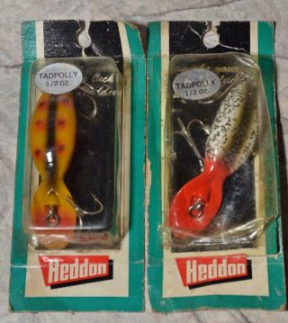 (2) Vtg.  Heddon Tadpolly Fishing Lures - Red Head Flitter Rhf & Spotted Orange
