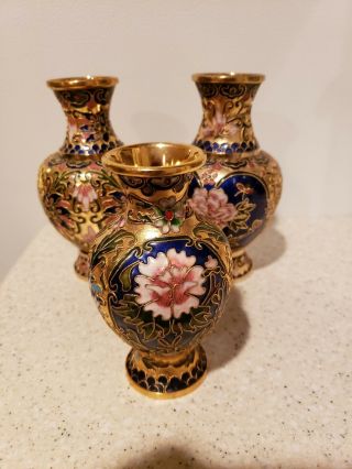 3 Vintage Trio Of Chinese Cloisonne Enamel Brass Floral Scroll Vase Nr