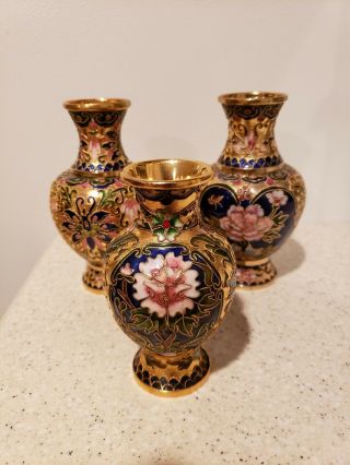 3 Vintage TRIO Of Chinese Cloisonne Enamel Brass Floral Scroll Vase NR 2