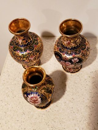 3 Vintage TRIO Of Chinese Cloisonne Enamel Brass Floral Scroll Vase NR 3