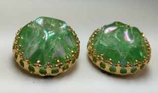Vintage Green Iridescent Faux - Lava Rock Clip - On Earrings In Gold Tone Setting
