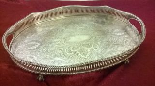 Lovely Vintage Silver Plated On Copper Gallery Serving Tray On Claw Feet 36 X 23