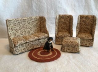 Miniature Dollhouse Furniture Vintage High Back Couch And Chairs With Ottoman