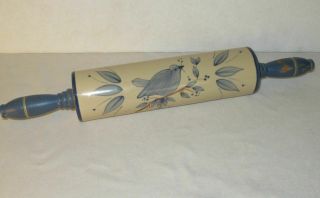 Vintage Porcelain Ceramic Rolling Pin With Bluebird & Blue Wooden Handles
