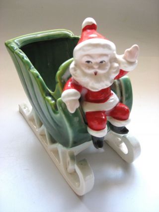 Vintage Ceramic Waving Santa Green Sleigh Planter Candy Bowl Vase Napco 5568/b