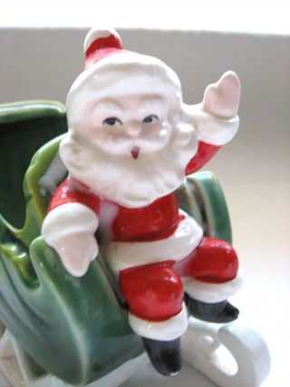 Vintage Ceramic Waving Santa Green Sleigh Planter Candy Bowl Vase Napco 5568/B 3