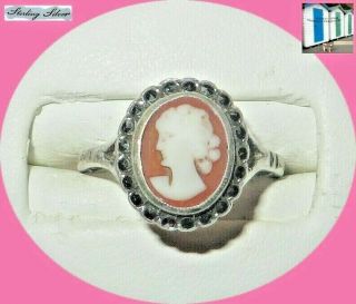 Vintage 1950s.  925 Sterling Silver Shell Cameo Marcasite Ring Size O