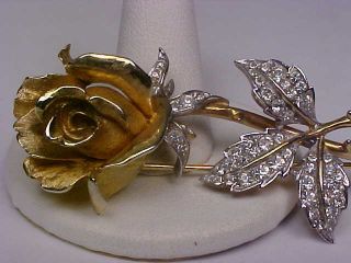 Vintage Signed Boucher 7877P Goldtone & Rhinestone Rose/Flower Brooch 2