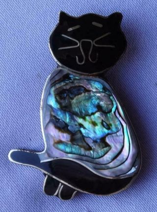 Vintage Alpaca Mexican Silver Abalone Shell Cat Brooch