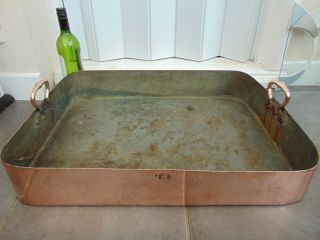 Large Antique French Dovetailed Copper Roasting Pan Tray Prof Chef Quality