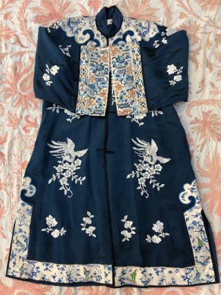 Antique Chinese Blue Silk Robe Forbidden Stitch Embroidery Figural Gold Couching