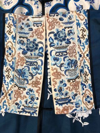 Antique Chinese Blue Silk Robe Forbidden Stitch Embroidery Figural Gold Couching 2