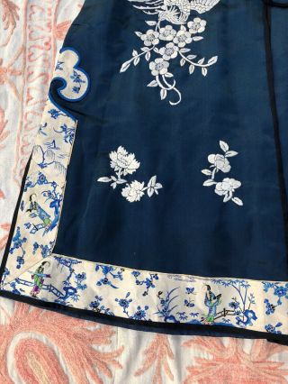 Antique Chinese Blue Silk Robe Forbidden Stitch Embroidery Figural Gold Couching 3