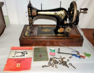 Antique Singer 28k Sewing Machine,  Hand Crank,  Order,  Tools & Oak Case.