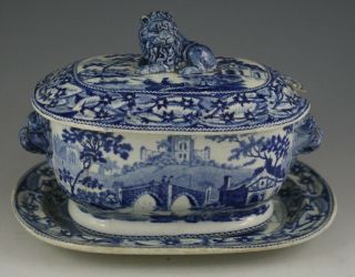 Antique Pottery Pearlware Blue Transfer Wood Lanercost Sauce Tureen & Stand 1820
