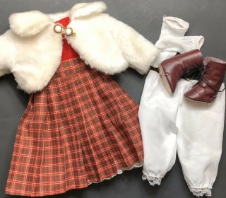 Vintage Plaid Doll Dress Faux White Fur Coat Clothes For 16” Dolls Boots
