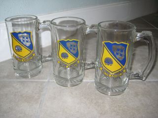 3 Vintage Us Navy Blue Angels Aviation Plane Glass Beer Stein Mug Cup Set