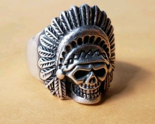 Skull Ring Badass Indian Chief Raw Sterling Silver Vintage Memento Mori Size 13
