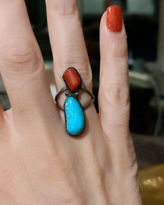 Vintage Southwestern Navajo Coral / Turquoise Sterling Silver Ring Sz 7
