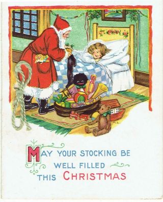 Artist Signed Ml Vintage Christmas Card Father Xmas At Bedside Black Toy Teddy