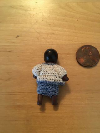 Antique miniature,  tiny dollhouse Black doll,  bisque,  crochet outfit,  jointed 1.  75” 3