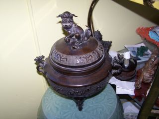 Large Chinese Asian Japanese Antique Bronze Censer Bowl & Foo Dog 19th Cent ?