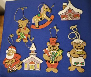 Vintage Antique 1970s Wooden Christmas Ornaments Hand - Painted Great Shape